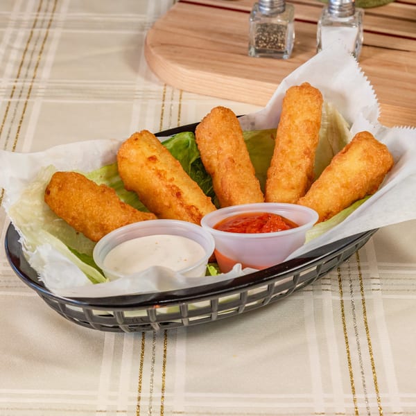 Basket of golden-fried mozzarella sticks on lettuce with marinara and ranch dipping sauces.